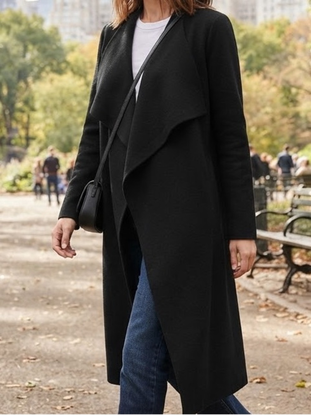 Black Open Front Long Cardigan Duster Waterfall Jacket Pockets OS Minimalist